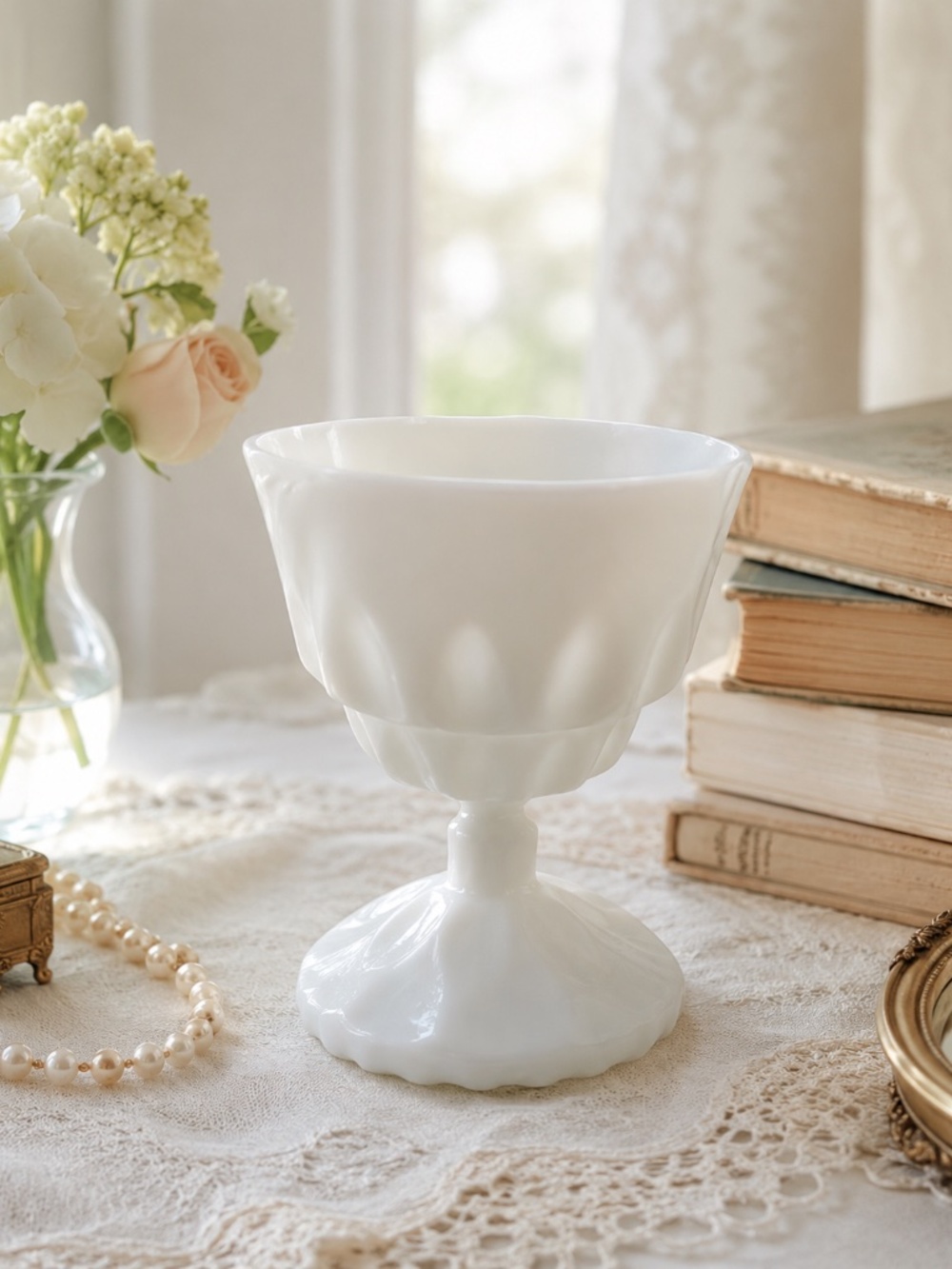 Vintage White Milk Glass Pedestal Goblet Scalloped Paneled Compote Vase